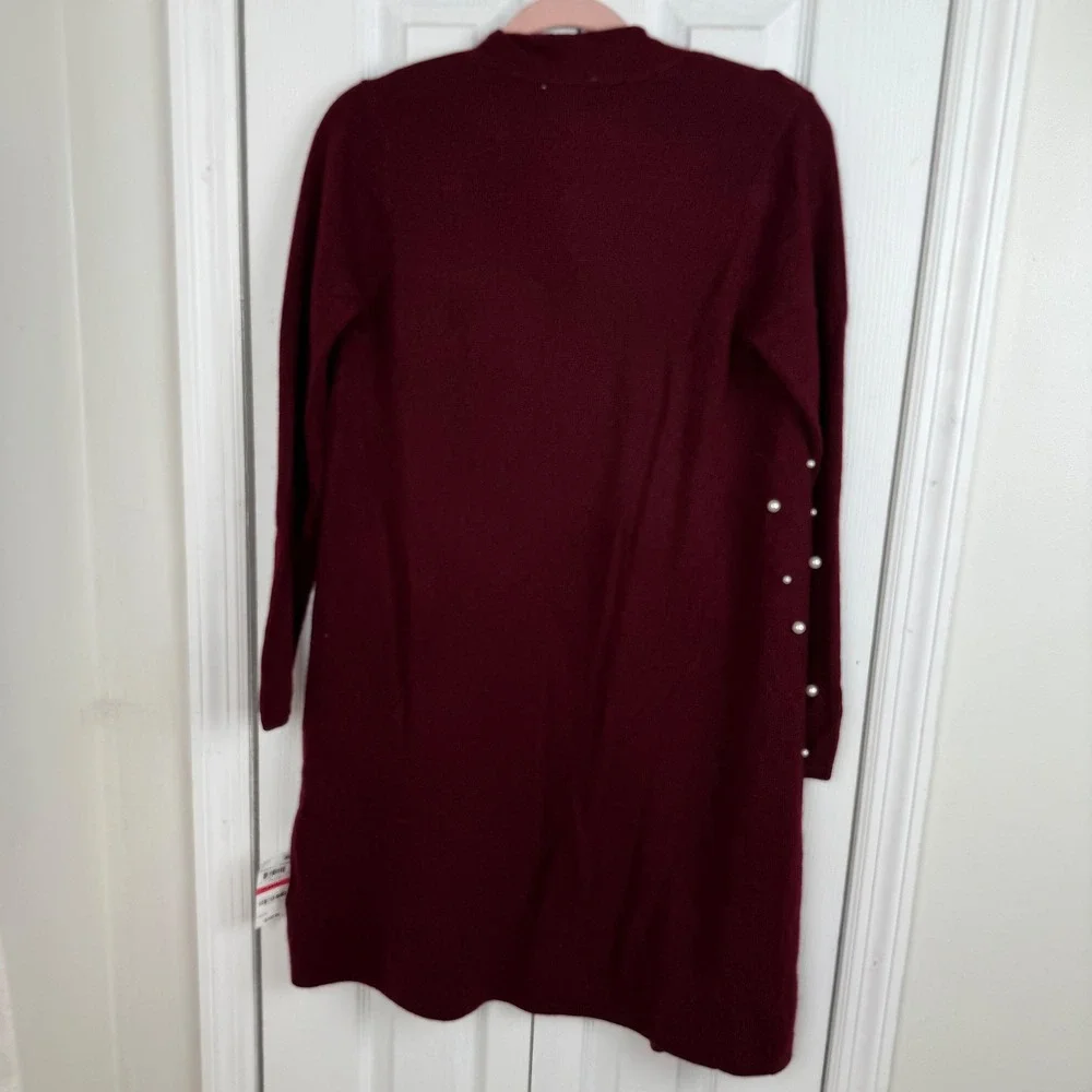 Charter Club Luxury Cashmere‎ Pearl Embellished Cardigan Burgundy XS Duster
